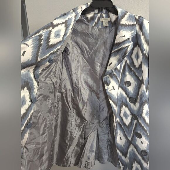 Vertigo Paris Blue Gray Ikat chevron zigzag print trench coat belted jacket M - Picture 8 of 8